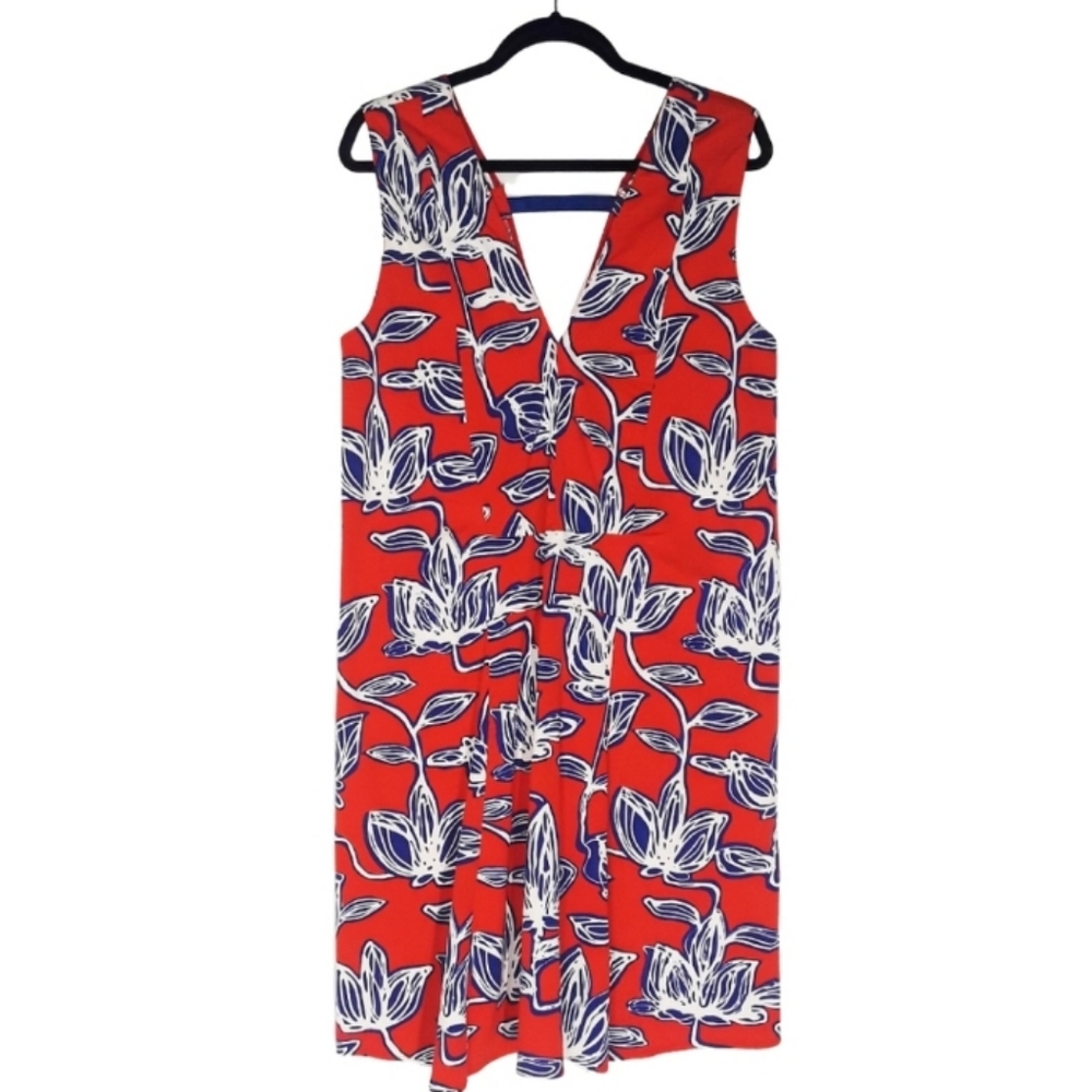 SCANLAN THEODORE Red Blue White Large Floral Print Sleeveless Dress 10 Medium